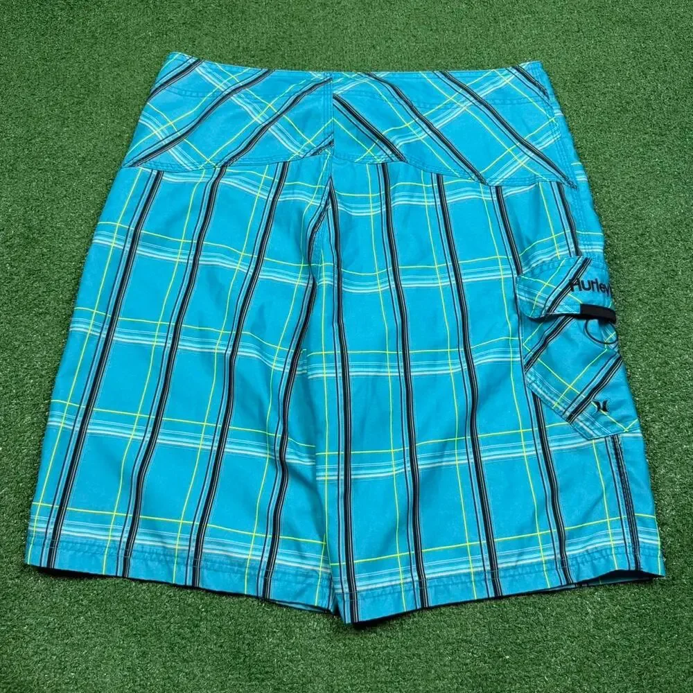 Hurley Board Shorts Blue Plaid Surf Swim Trunks Mens 34 Y2K Beach Summer Skate
